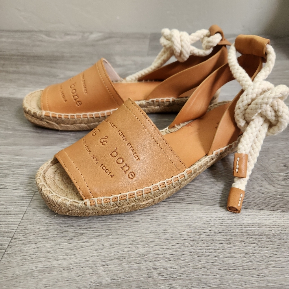 rag & bone Tan Leather Espadrille Sandals with Cream Rope Ties